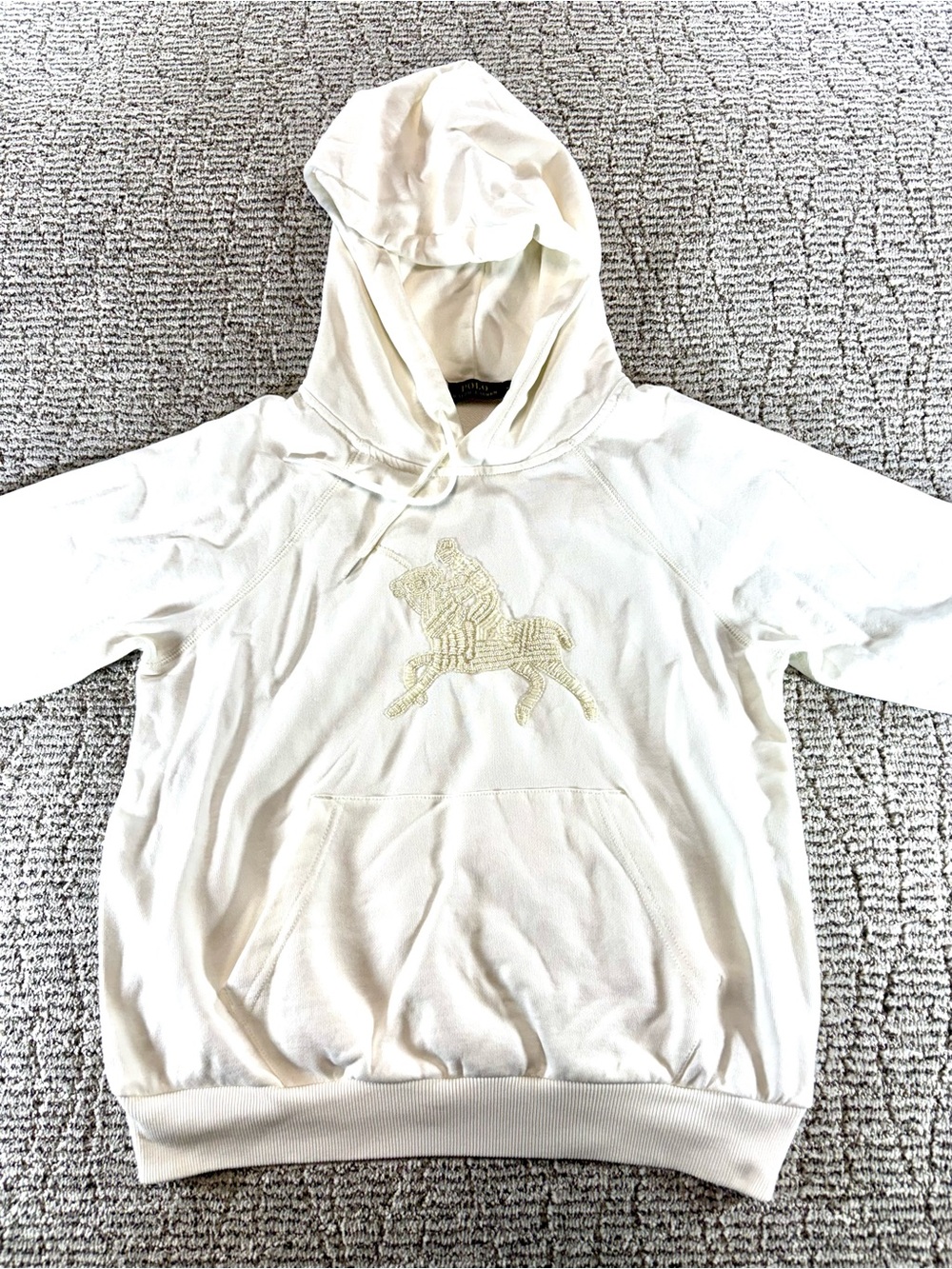 NEW Polo Ralph Lauren Women’s Medium White Hoodie Cream Beaded Pony Graphic - Picture 2 of 15